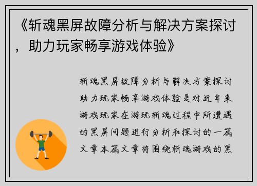 《斩魂黑屏故障分析与解决方案探讨，助力玩家畅享游戏体验》